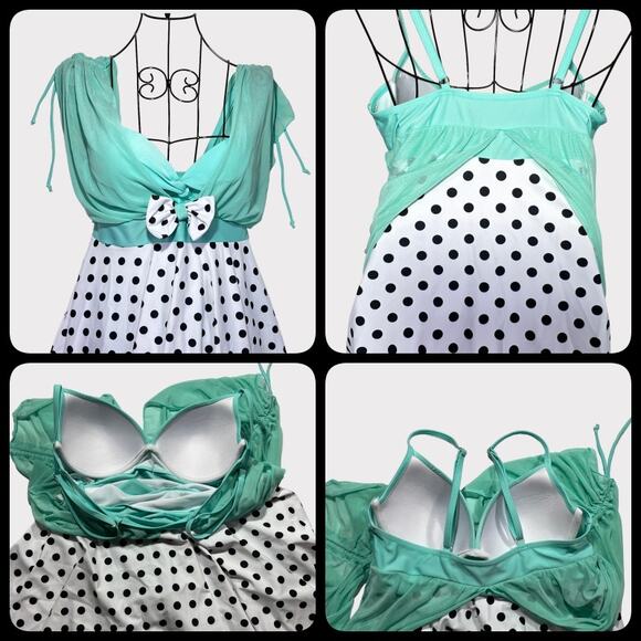 Polka Dot One Piece Swim Dress Boy Shorts Size US 6 Turquoise Black White - Picture 4 of 11